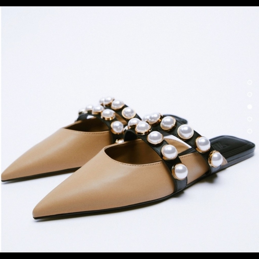 NWT ZARA * Mules Flats Slides With Pearl Nude Natural 9 Blogger’s Favorite